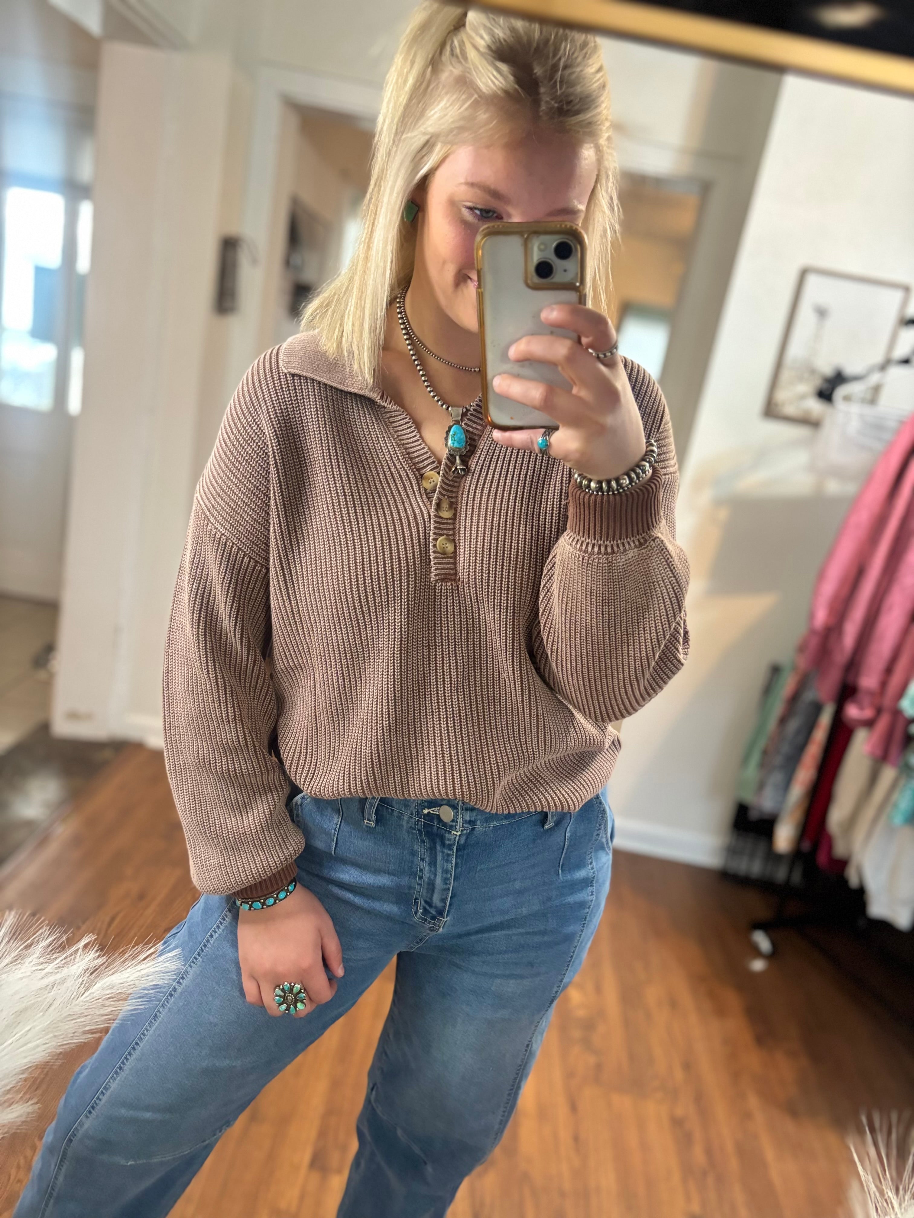 Brown Button Collard Sweater