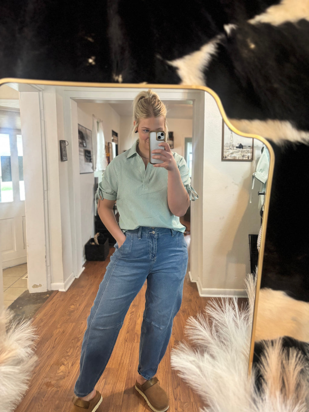 Green Stripped Short Sleeve Collard Shirt