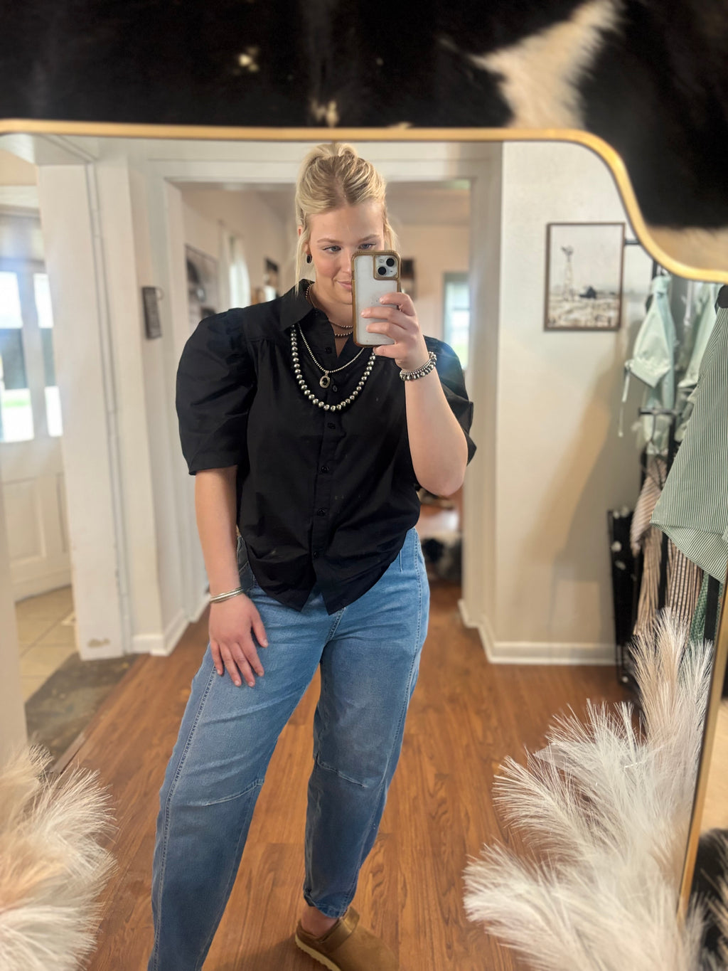 Black Frilly Puff Sleeve Collard Shirt