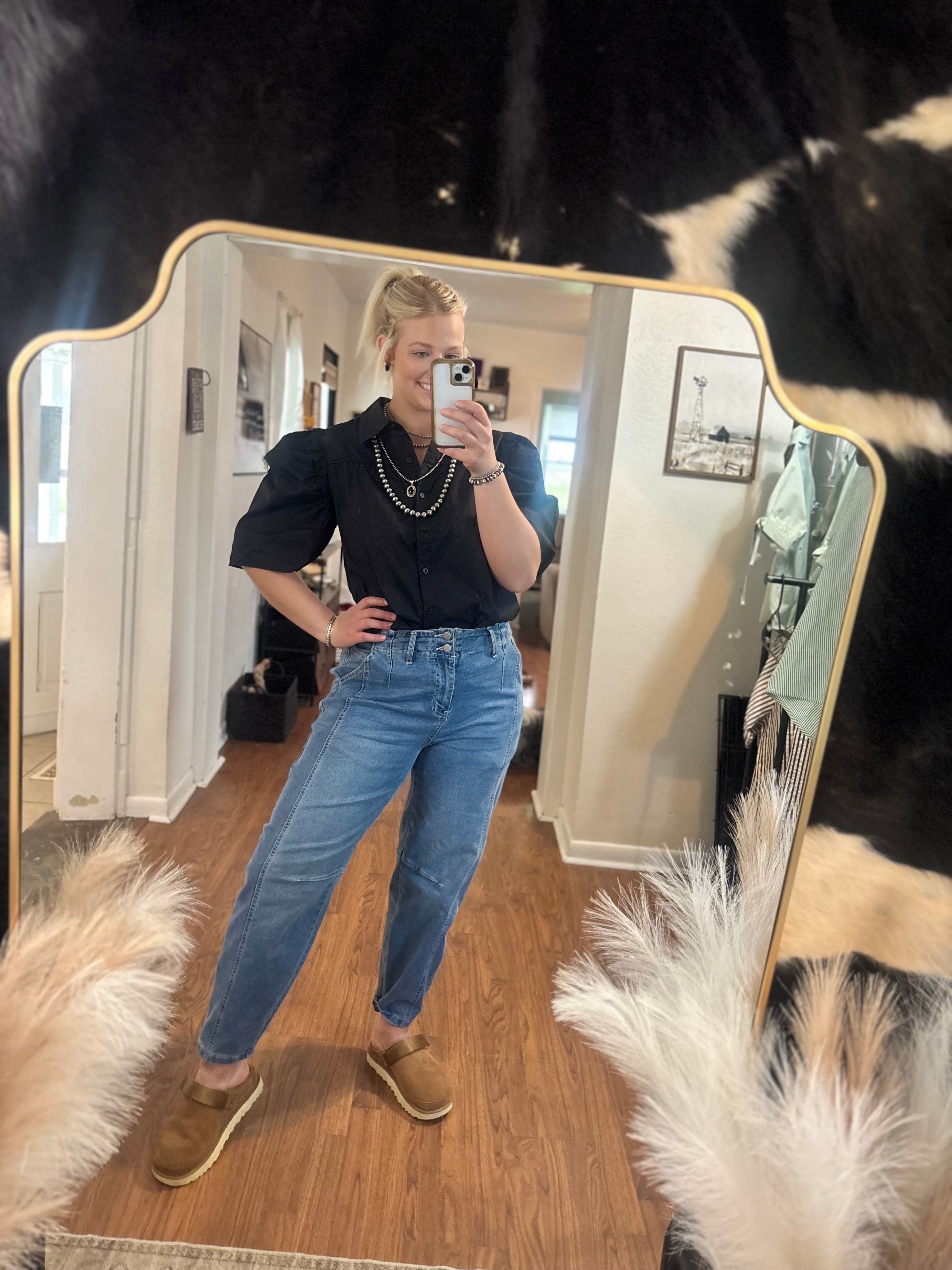 Black Frilly Puff Sleeve Collard Shirt