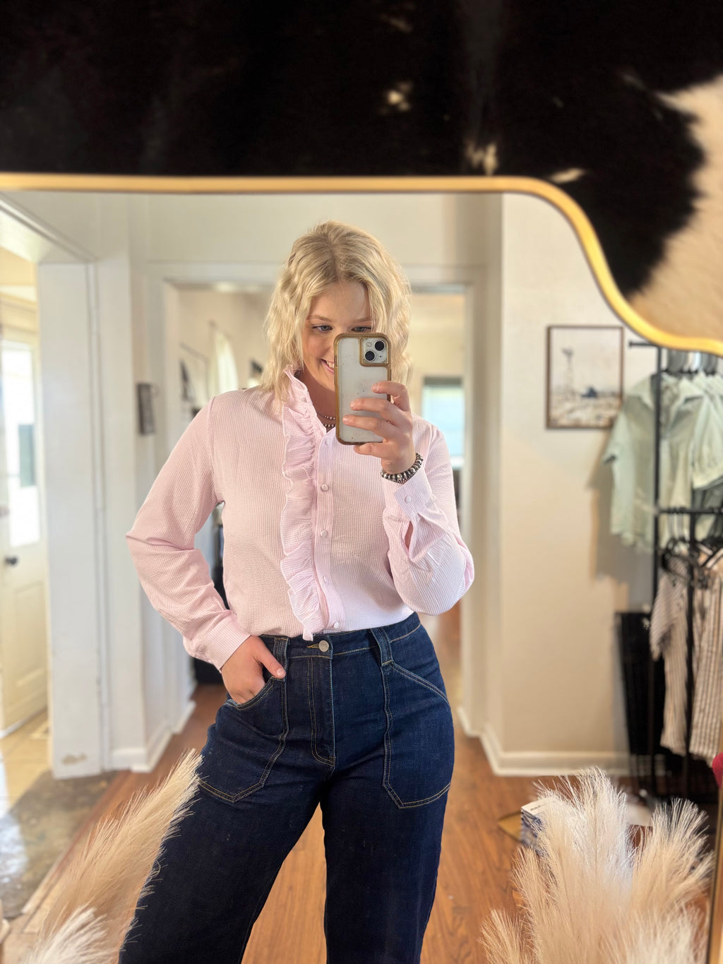 Textured Stripped Ruffled Blouse