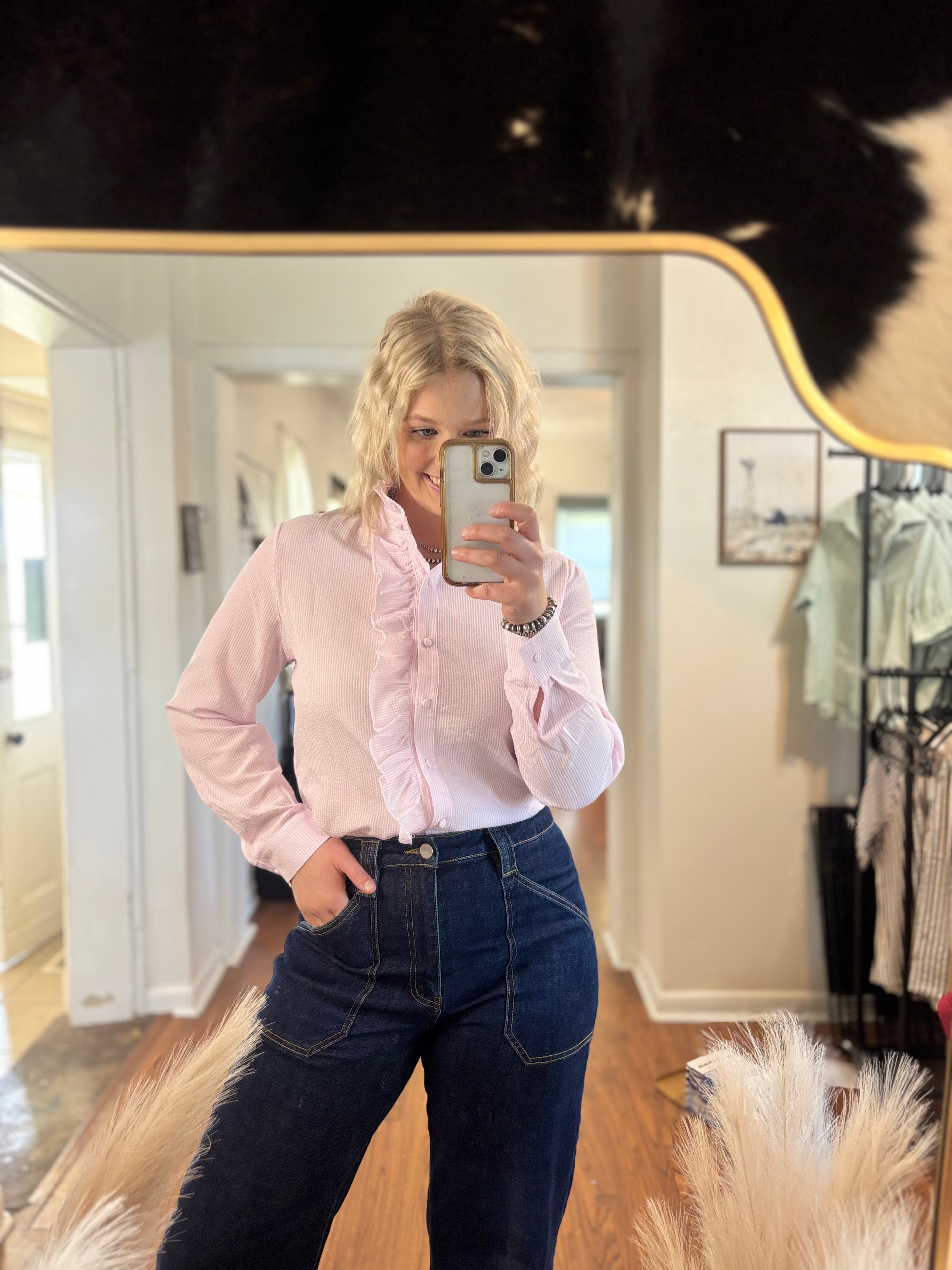 Textured Stripped Ruffled Blouse