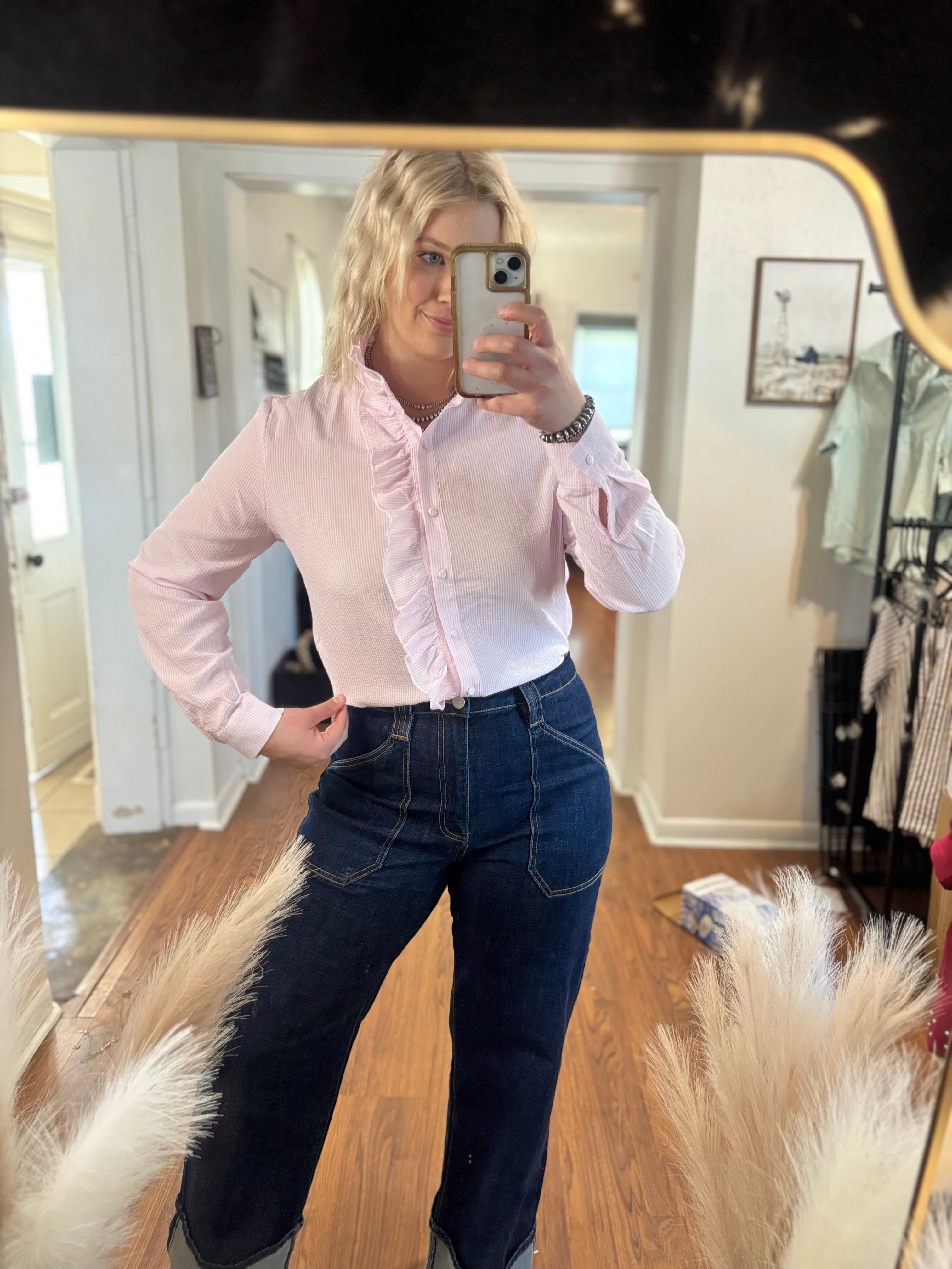 Textured Stripped Ruffled Blouse