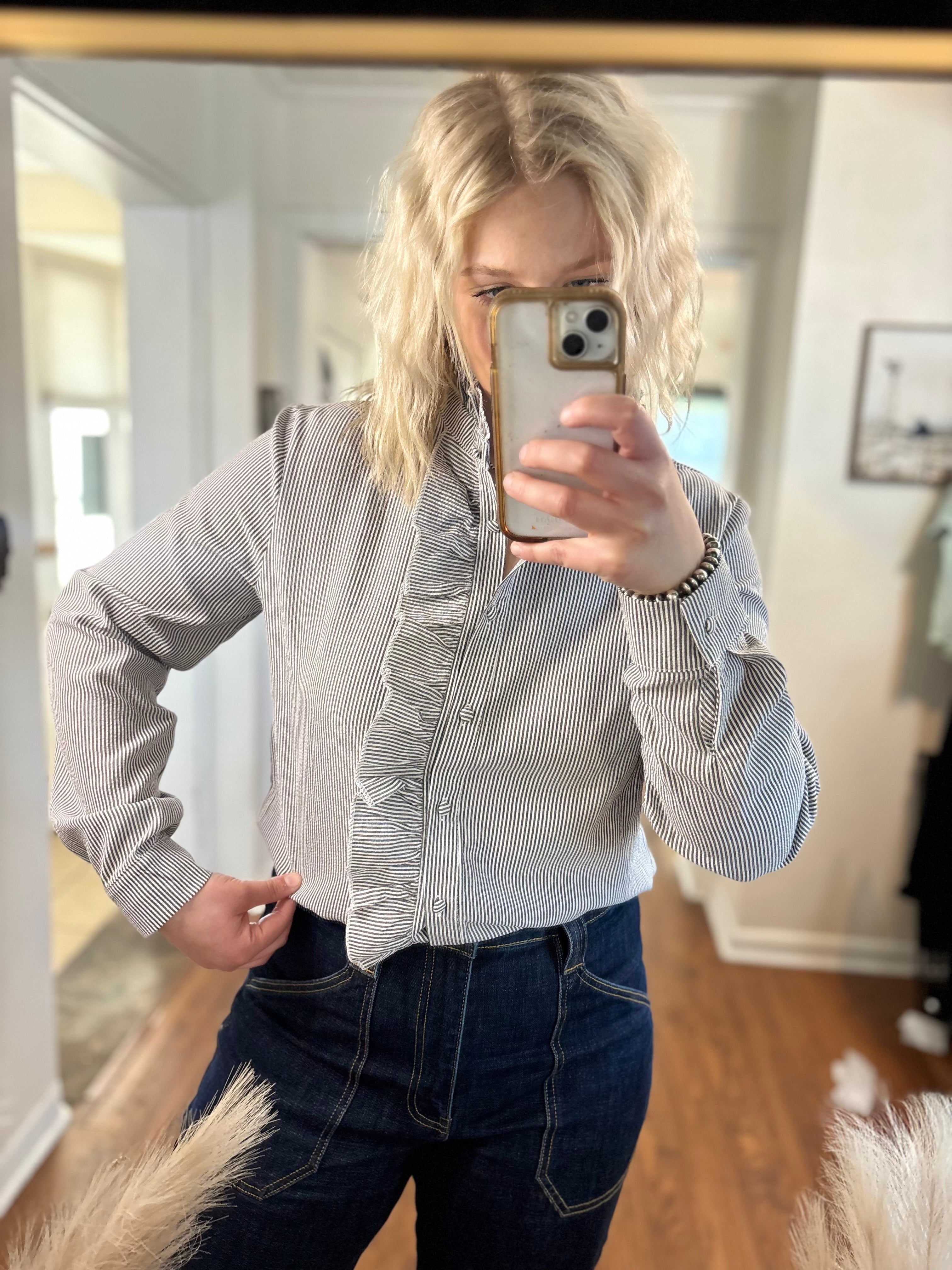 Textured Stripped Ruffled Blouse